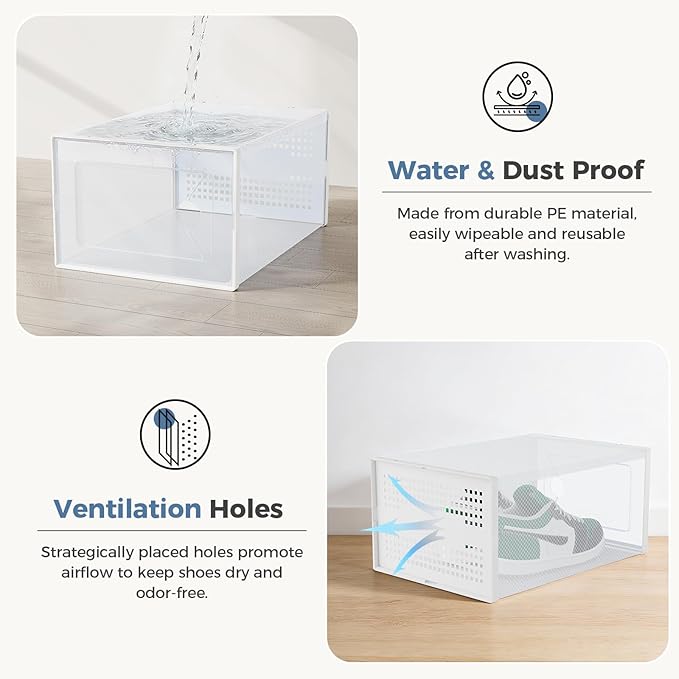 DUMOS Stackable Shoe Storage Boxes, 12-Pack Plastic Shoe Organizers with Lids, Large Shoe Rack & Holder for Closet, Under Bed, Entryway, Sneaker Display and Storage Containers, White