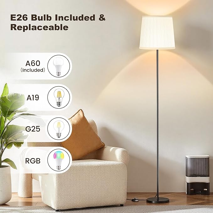 Floor Lamp with Pleated Shade, 62" LED Dimmable Standing Lamp with Remote & Foot Switch, Color Options, 9W E26 Bulb Included, Modern Reading Light for Living Room Bedroom Office Corner, Black