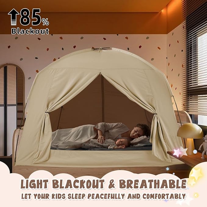 Bed Tents for Kids and Adult, Portable 100% Breathable and 93% Blackout Dream Play Tent, 3 Doors Big Privacy Space Sleeping Canopy for Indoor Floor or Twin Full Queen Sizes Bed (Khaki, Queen- Size)