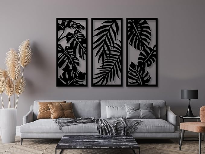 Vailla Wood Wall Art Decor Tropical leaves Wall Hanging Sculpture Modern Home Decoration 3 Wall Hangings Large Wooden Wall Arr 3D Textured Sculptures for Living Room Bedroom Office Dinnig Room