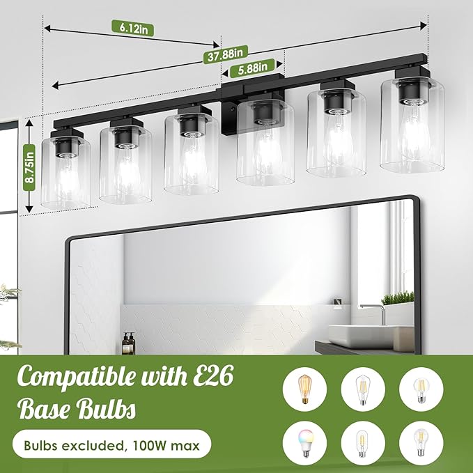 BesLowe 37" 6-Light Bathroom Light Fixture, Modern Black Vanity Light, Bathroom Lighting Fixtures Over Mirror, Matte Black Bathroom Wall Lamp, Wall Lights for Living Room Bedroom Hallway