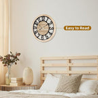Maxstar 16'' Wall Clock for Living Room Decor, Ultra-Silent Rustic Wooden Farmhouse Wall Clock with Metal & Real Wood Frame, Battery Operated, for Kitchen Bedroom Office, Arabic Numerals
