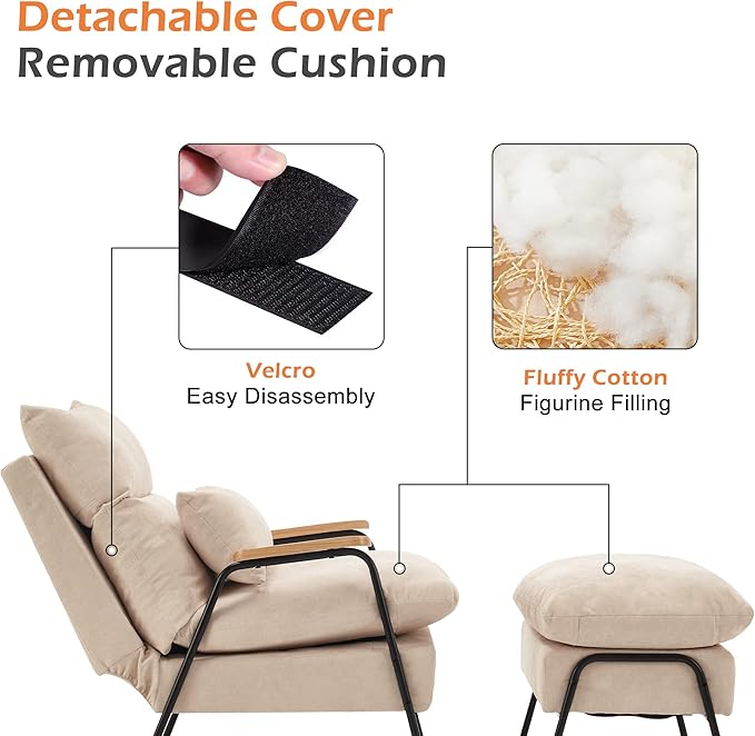 MCombo Accent Recliner Chair with Ottoman, Modern Fabric Armchair, Upholstered Sofa Bed for Living Room Bedroom, Small Space 4055 (Black Frame, Beige)