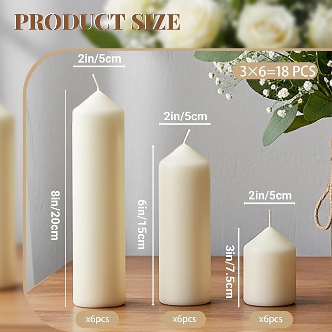 Pillar Candles Bulk Set - Unscented, Smokeless, Dripless | 3 Sizes: 2x3, 2x6, 2x8 Inches | Ideal for Weddings, Christmas & Home Decor (18, Ivory White)
