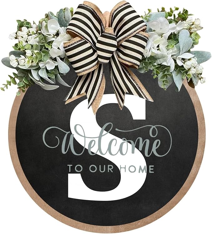 Circular Surname Front Door Welcome Sign - 26 Letter House Wreath, Front Porch Decorations, Year-Round Home Decor (S)