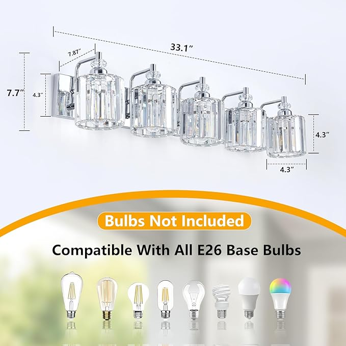 5-Light Modern Bathroom Light Fixture Chrome Bathroom Vanity Lights Over Mirror Wall Sconce Lighting with K9 Crystal Shades E26 Base for Bedroom, Living Room, Hallway Wall Lamp
