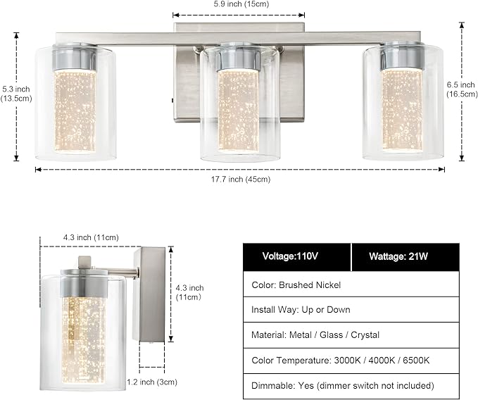 SineRise 3-Light Brushed Nickel Vanity Light with 3 Color Modes (3000K/4000K/6000K), Eye Protection LED Bathroom Light Fixture, Dimmable Modern Wall Light Over Mirror with Clear Glass Shade
