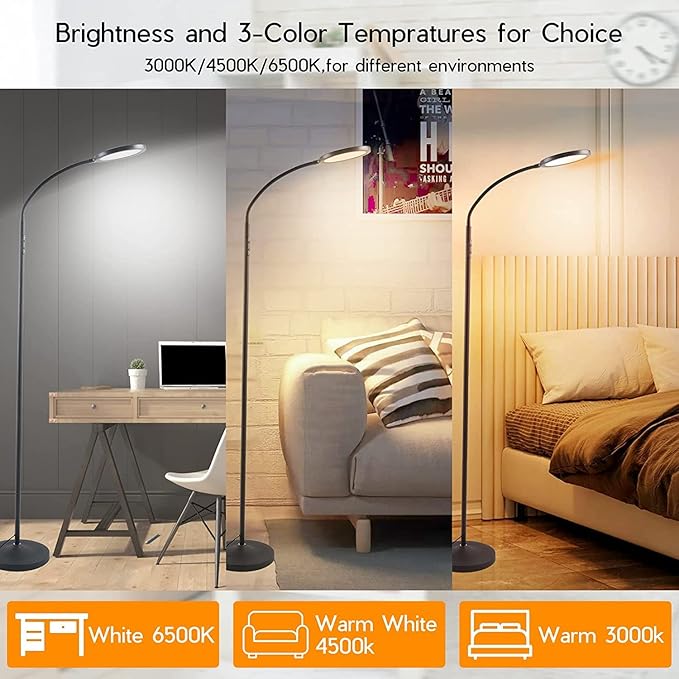 Tenmiro LED Floor Lamps for Living Room, Bright Modern Reading Floor Lamp with Stepless Adjust Color Temperatures & Brightness, Standing Lamp with RF Remote & Touch Control(White)