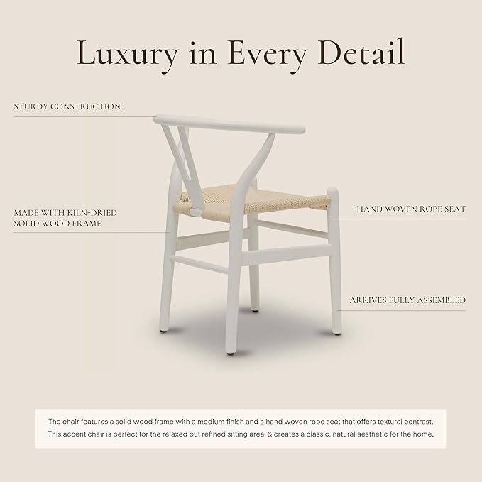 POLY & BARK Weave Dining Chair – Mid-Century Modern Wishbone Dining Chair with Arms, Solid Wood Frame, Indoor Use – White – Single - Ideal for Dining Room, Kitchen or Stylish Accent Setting