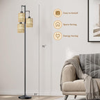 Oneach 70" Floor Lamps for Living Room, Stepless Dimmable Boho Floor Lamp with 3 Bulbs, Tall Farmhouse Industrial Corner Standing Tree Lamp for Bedroom, Office, Study Room, Rattan with Linen Shade