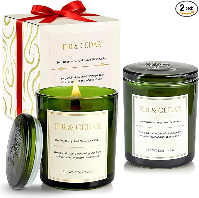 2 Pack Wood Wick Scented Candle Gift Set –Balsam Fir & Cedarwood Natural Soy Wax Candles with Individual Gift Boxes,Long Lasting 22.6 oz Aromatherapy Candles for Home Decor,Holiday Gifts
