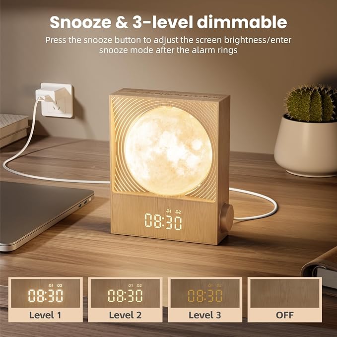 Sunrise Alarm Clocks for Heavy Sleepers,Rotatable Moon Light with Gentle Wake-Up,Clock Night Lamp for Bedrooms - Snooze,10 Light Effects,10 Nature Sounds,15 Ringtones for Adults,Kids,Nursery