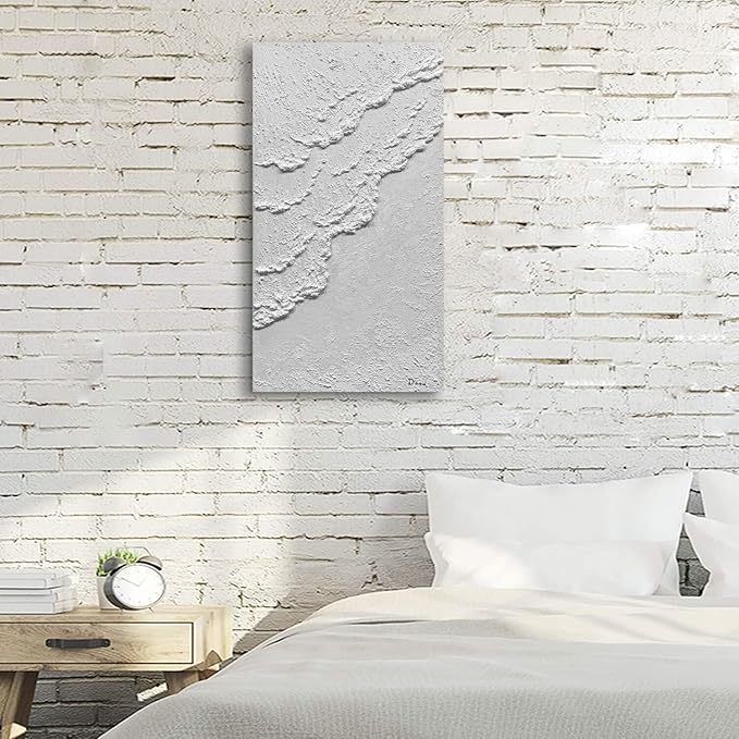 MyArton Abstract White Beach Waves Wall Art, Textured White Wall Art, Modern Canvas Handmade Oil Painting, 3D Thick Texture Wall Artwork for Home Decoration Framed Ready to hang Vertical 24x48inch