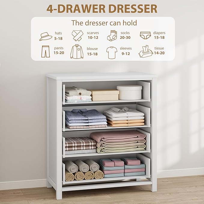 IDEALHOUSE Dresser for Bedroom, Chest of Dressers 37" Tall Dresser for Closet with 4 Drawers Chest with Clothes Storage Cabinet, Drawer Organizer for Bedroom, Living Room, Closet, Hallway, White