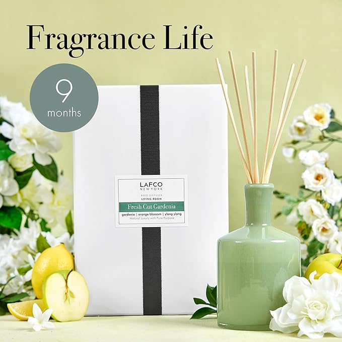 LAFCO New York Signature Reed Diffuser, Fresh Cut Gardenia - 15 oz - Up to 9 Months Fragrance Life - Reusable, Hand Blown Glass Vessel - Natural Wood Reeds - Made in The USA