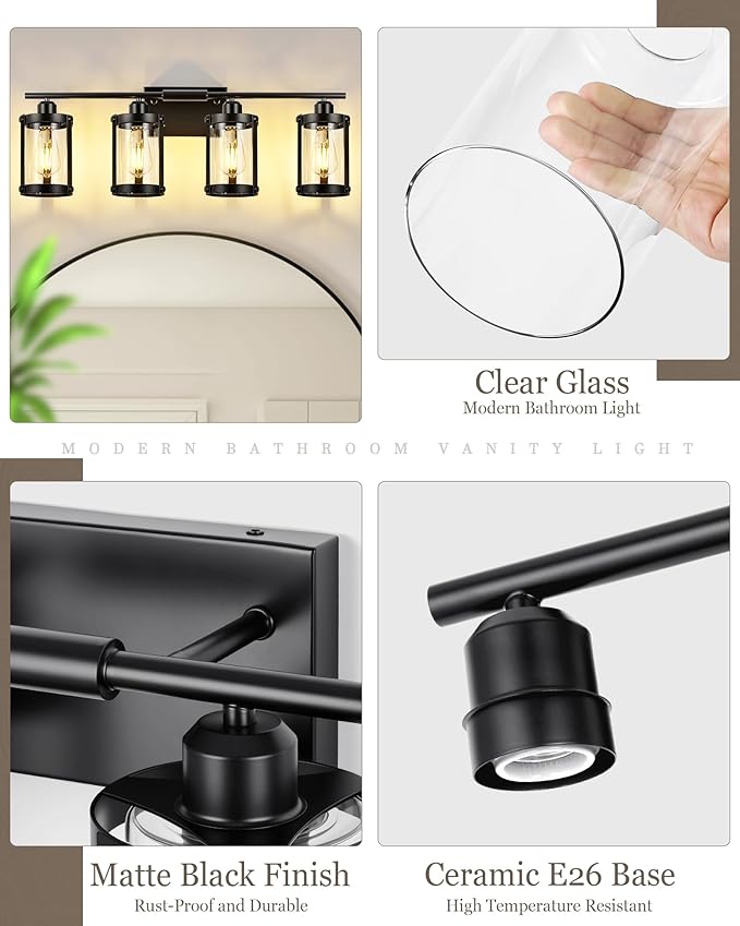 4-Light Black Bathroom Light Fixtures, 29 Inch Modern Bathroom Vanity Lighting Fixtures Over Mirror with Clear Glass and Metal Cage Wall Sconce Lights for Bath, E26, OS-3014BK-4W
