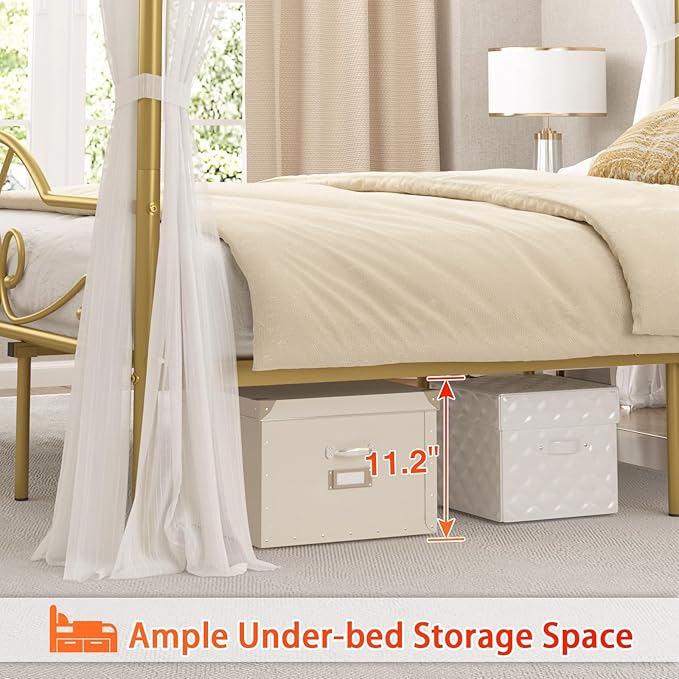 Weehom Canopy Bed Frame Queen Size with Headboard and Footboard, Four-Poster Canopy Bed Metal Platform Mattress Foundation Underbed Storage No Box Spring Needed Easy Assembly, Gold