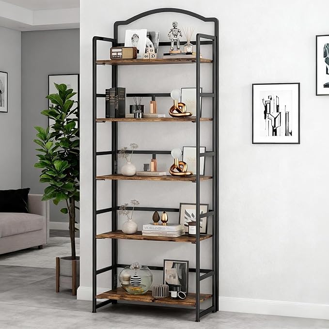 JSB No Assembly Folding Bookshelf, 5 Tier Book Shelf for Storage, Vintage Wood Foldable Bookcase for Living Room, Bedroom, Office Organization Shelves