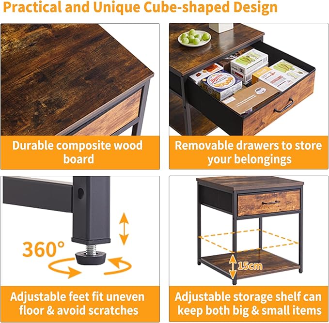Small Table Stand with Drawers, Multi-Functional Side & Printer Accent Table with Storage Shelf, Rustic Brown YD-TM156H