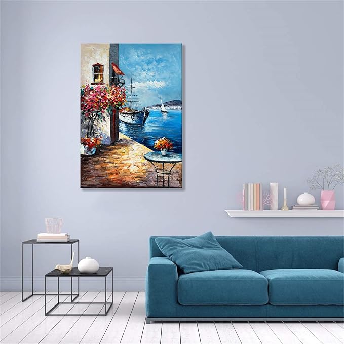 Alenoss Handmade Mediterranean Landscape Painting - 28x40 Inches Large 3D Wall Art for Home Decorations - Framed Abstract Canvas Wall Art - Contemporary Texture Wall Decor