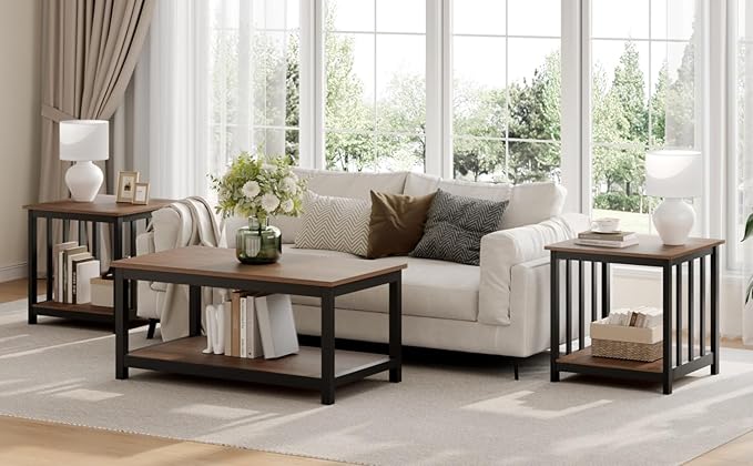 Treocho End Tables Living Room Set of 2, 24 Inch Square Side Table with 2-Tier Storage Shelf, Modern Nightstand for Living Room, Bedroom, Office, Walnut