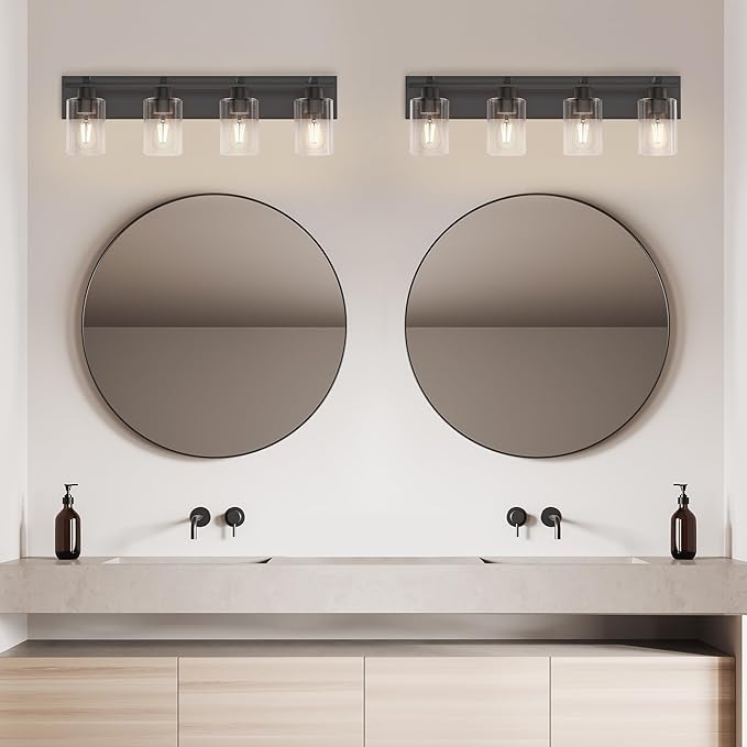 Espird Bathroom Vanity Light,4 Light Matte Black Light Fixture with Thickened Clear Glass Shade, 30 inch Modern Wall Sconce, Bathrooms Vanity Light Over Mirror for Bathroom