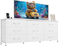 WLIVE 63''W Dresser for Bedroom, White Dresser TV Stand for 65, 70, 75 inch TV, Wide Chest of Drawers with 9 Drawer, Large Entertainment Center, Fabric Dressers with Wood Top for Closet, Living Room