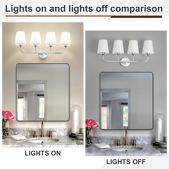 Kvhilw Bathroom Vanity Light, Brushed Nickel Bathroom Light Fixtures, 4-Light Lighting Fixtures Over Miror, Modern Wall Sconce with Flared White Fabric Shade, E26 Socket(ETL Listed)