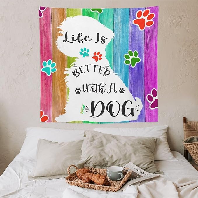 VUMIVI Cute Dog Tapestry Rainbow Color Planks Rustic Farmhouse Home Decor Pet Paws Tapestry Wall Hanging for Living Room Bedroom Dorm Classroom Aesthetic Decor W60xL60in