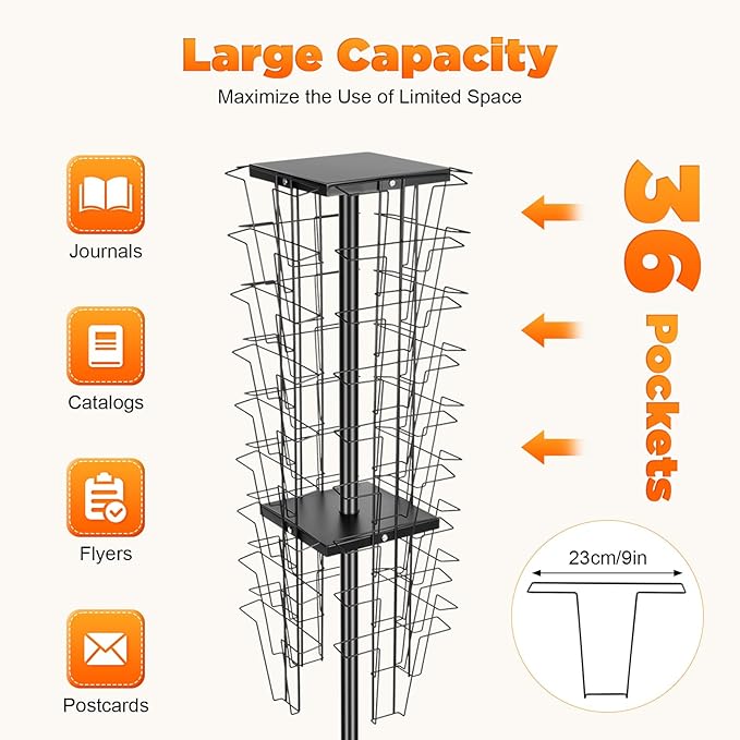 Rotating Brochure Display Stand, Detachable Magazine Rack with 36 Pockets, 360 Degrees Rotating Mesh Magazine Holder Stand, 63inch Floor Standing Literature Display Rack for Office School