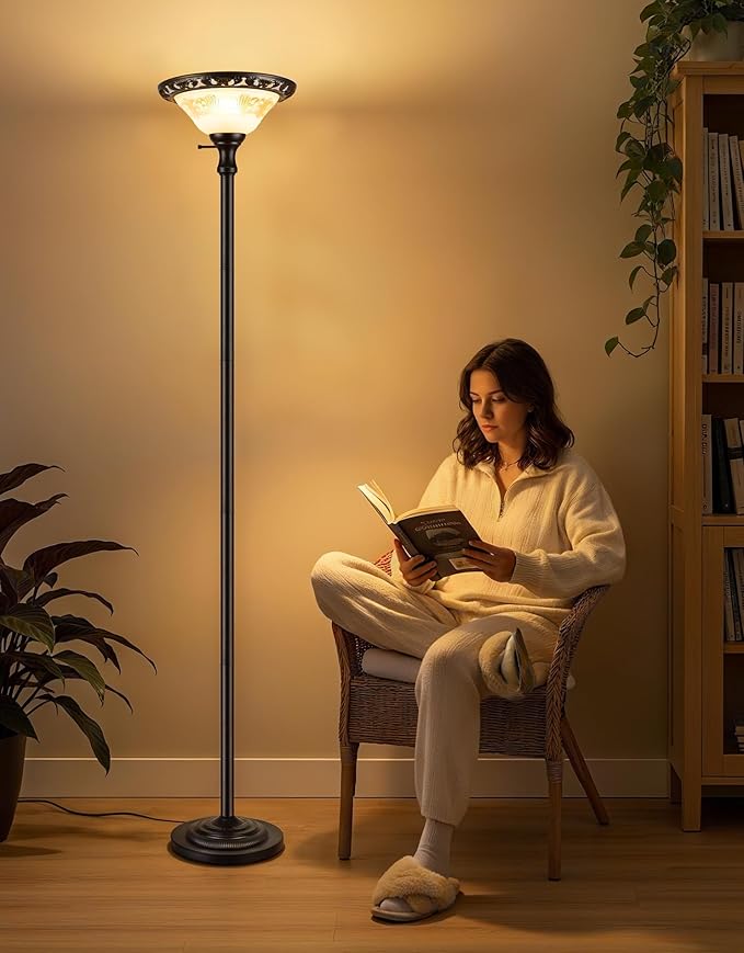 PARTPHONER Torchiere Floor Lamps for Living Room, 71" Tall Standing Lamp with Thick Glass Shade, Metal Pole & Heavy Base, Vintage Corner Lamp Decor for Home Bedroom Office, 3CCT Bulb Included
