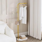 Gold clothing rack for small Spaces,Modern clothes racks for hanging clothes,7-shaped coat rack Freestanding with Marble Base and 2 Hooks coat hanger stand for Jackets, Coats, Hats (gold)