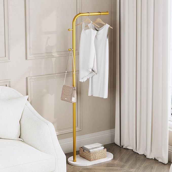 Gold clothing rack for small Spaces,Modern clothes racks for hanging clothes,7-shaped coat rack Freestanding with Marble Base and 2 Hooks coat hanger stand for Jackets, Coats, Hats (gold)