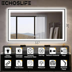 55x36 LED Bathroom Mirrors for Wall -Black Aluminum Trim (Front and Backlit), Anti-Fog Light Up Mirror,Stepless Dimmable Lighted Mirror,3 Colors Smart Mirror(Horizontal/Vertical)