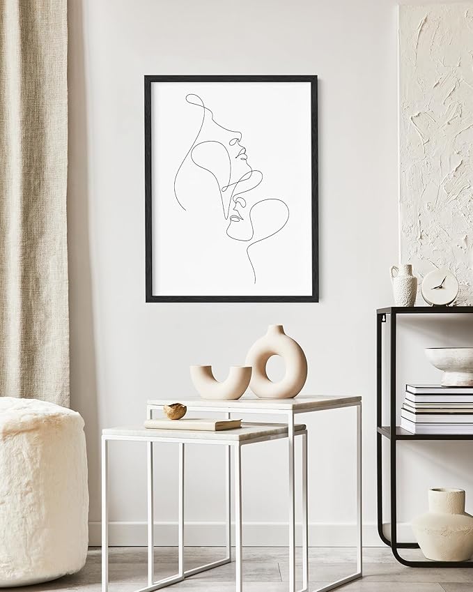 Minimalist Face to Face Wall Art Two Portraits Continuous Line Drawing 16x20 Inch Oak Wood Black Framed Modern Aesthetic Profile Print for Bedroom Decor
