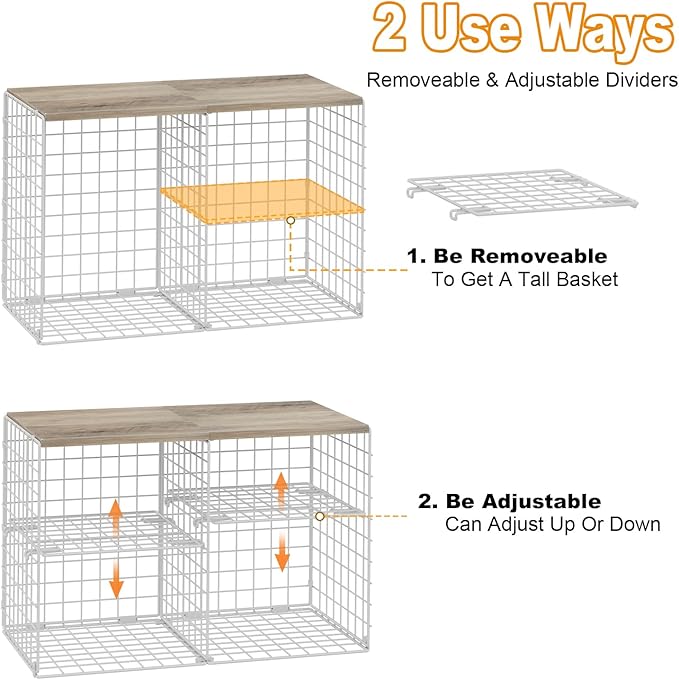 2 Pack Closet Shelf Organizer, Closet Organizers and Storage Shelves With Adjustable Dividers, Stackable Storage Bins Baskets For Clothes Sweaters Jeans Jackets, With Wooden Board, 8 Compartments