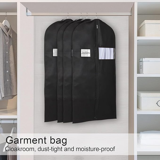 BOMEI PACK Black Garment Bags for Hanging Clothes or Travel 40" Suit Bags for Storage of Coats,Sweater, Jacket,T-shirts and Dresses(4 Packs)