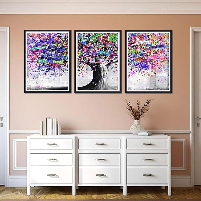 Novatique Tree Wall Art for Bedroom Colorful Painting Wall Art Living Room Graffiti Picture Poster Ready to Hang Home Decoration,16" x 24" x 3pcs