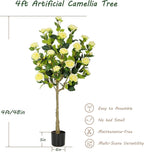 Bellacat 5ft Artificial Camellia Tree with Silk Yellow Flowers, 60in Faux Camellia Plant with Lifelike Trunk, Fake Flower Tree Potted Front Door Plants for Porch Patio Deck Living Room Decor, 2Pack