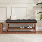 LEILISI Entryway Shoe Bench with Storage, End of Bed Bench, Microfiber Leather Upholstered Button-Tufted Seat Bench with Solid Wood Frame for Living Room, Bedroom (Black, 43.3'')