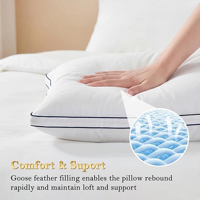 Feather Pillows King Size Set of 2 Goose Down Pillows with 100% Breathable Cotton Cover, Hotel Collection Bed Pillows for Sleeping, Soft Support for Back, Stomach and Side Sleepers