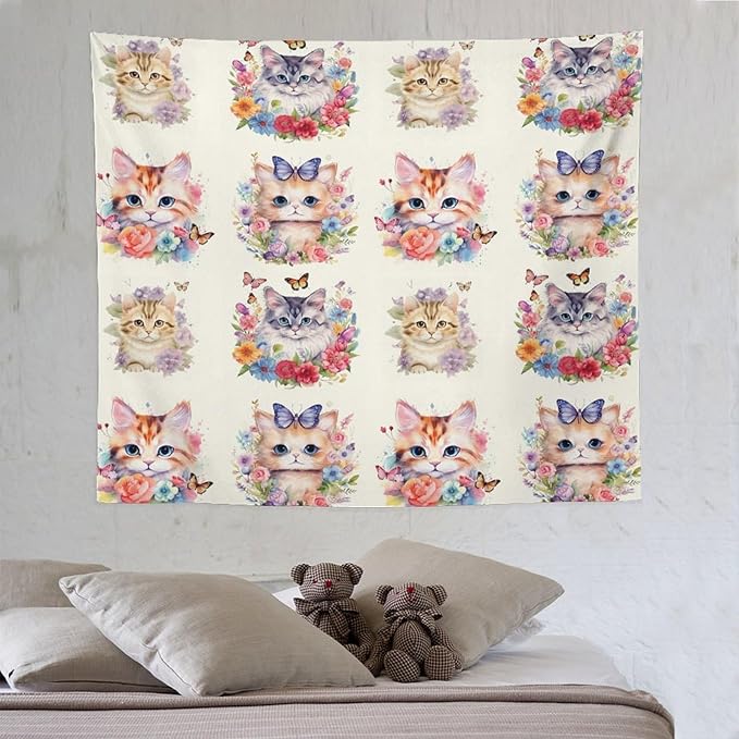 VUMIVI Watercolor Flower Cat Tapestry Colorful Cartoon Cute Animals Butterflies Abstract Art Print Tapestry Wall Hanging for Living Room Bedroom Dorm Classroom Aesthetic Decor W60xL50in