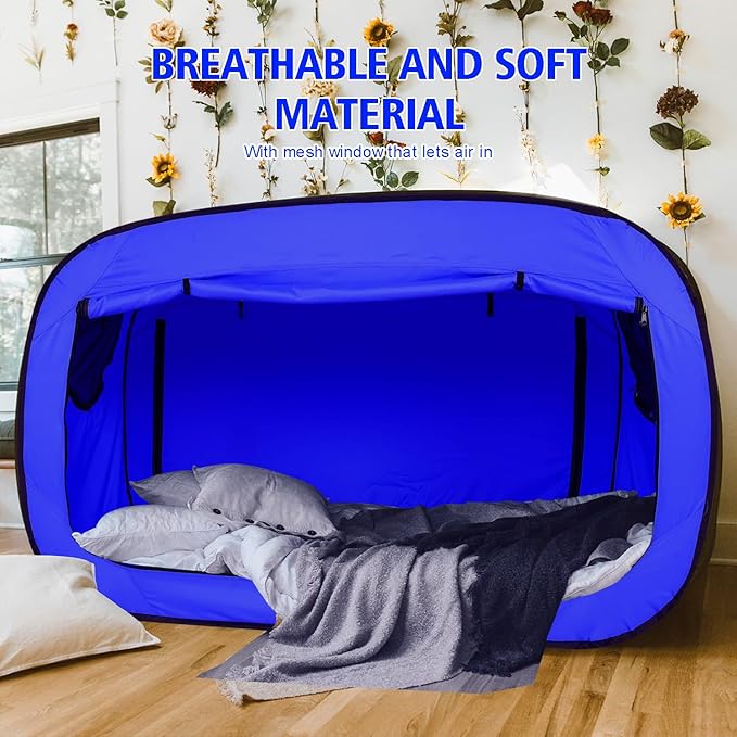 Bed Tent Full Bed Canopy Portable Dream Tent for Adult Indoor Sleeping Tents with 2 Doors Breathable Private Space Tents, Blue