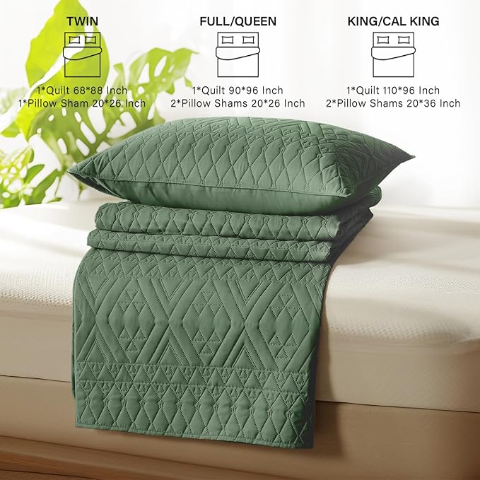 akkialla Full/Queen Size Quilt Bedding Set,Green Lightweight Microfiber Soft Bedspread,Modern Style Geoetric Pattern Coverlet Set for All Seasons,3 Piece(1 Quilt,2 Pillow Shams)