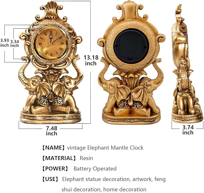rnuie Desk Clock for Mantle Decor, Vintage Elephant Table Clock Battery Operated, Bronze Elephant Statue Mantel Clock for Living Room, Shelf, Fireplace, Home, Table Top Decor