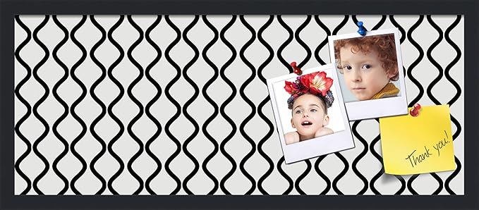 PinPix 30x12 Inch Cork Bulletin Board. This Decorative Framed Pin Board Comes with Black and White Waves Design and a Satin Black Frame. Ideal for Home Office Decor or Message Board (PinPix-194)