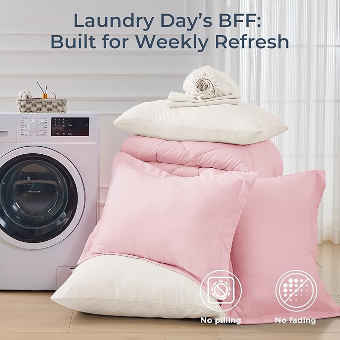 HEVUMYI King Comforter Set - 7-Piece All Season Bed in a Bag King, Ultra Soft Bedding Set with Comforter, Flat Sheet, Fitted Sheet, Pillowcases, Pillow Shams, Pink & Ivory