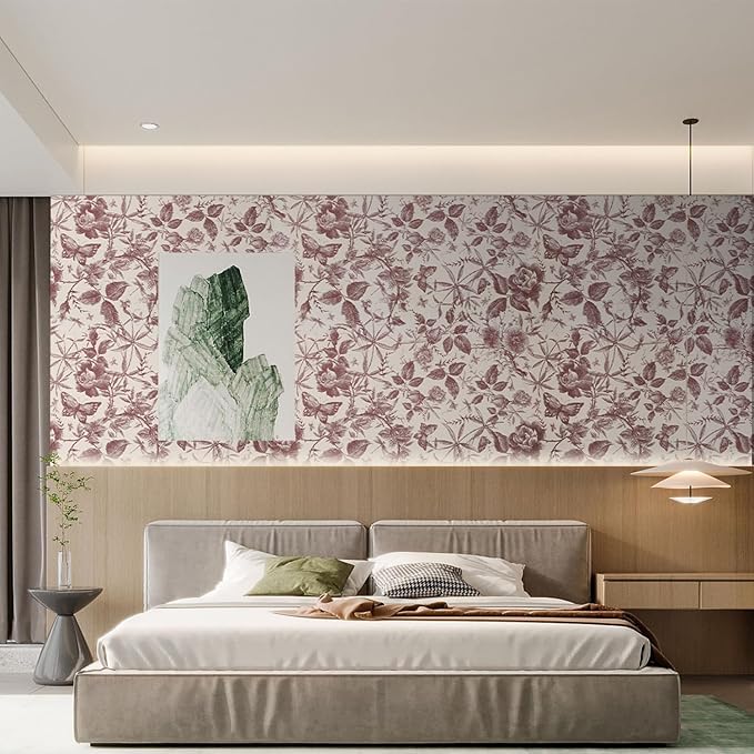 Drawers Liner Contact Paper for Dresser Peel and Stick Wallpaper Sketched Design 15.7x393.7in Self Adhesive Removable Red Maroon Rose Floral Butterfly Vintage Cabinet Shelf Renter Friendly