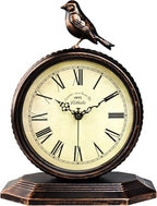 Desk Clock for Bedroom Kitchen Vintage Table Clock Mantel Desktop Farmhouse Tabletop Metal Clock for Office Living Room Silent Decor Battery Operated Bird