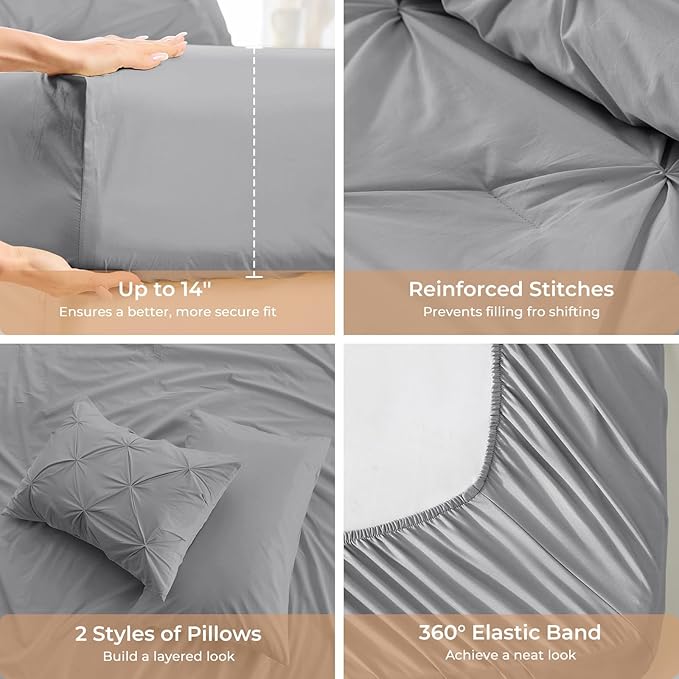 Sasttie Queen Comforter Set, 7-Piece Bed in a Bag, Pintuck Bedding Sets for All Season, Includes Comforter, Flat Sheet,Fitted Sheet, Pillowcases and Pillowshams, Light Grey